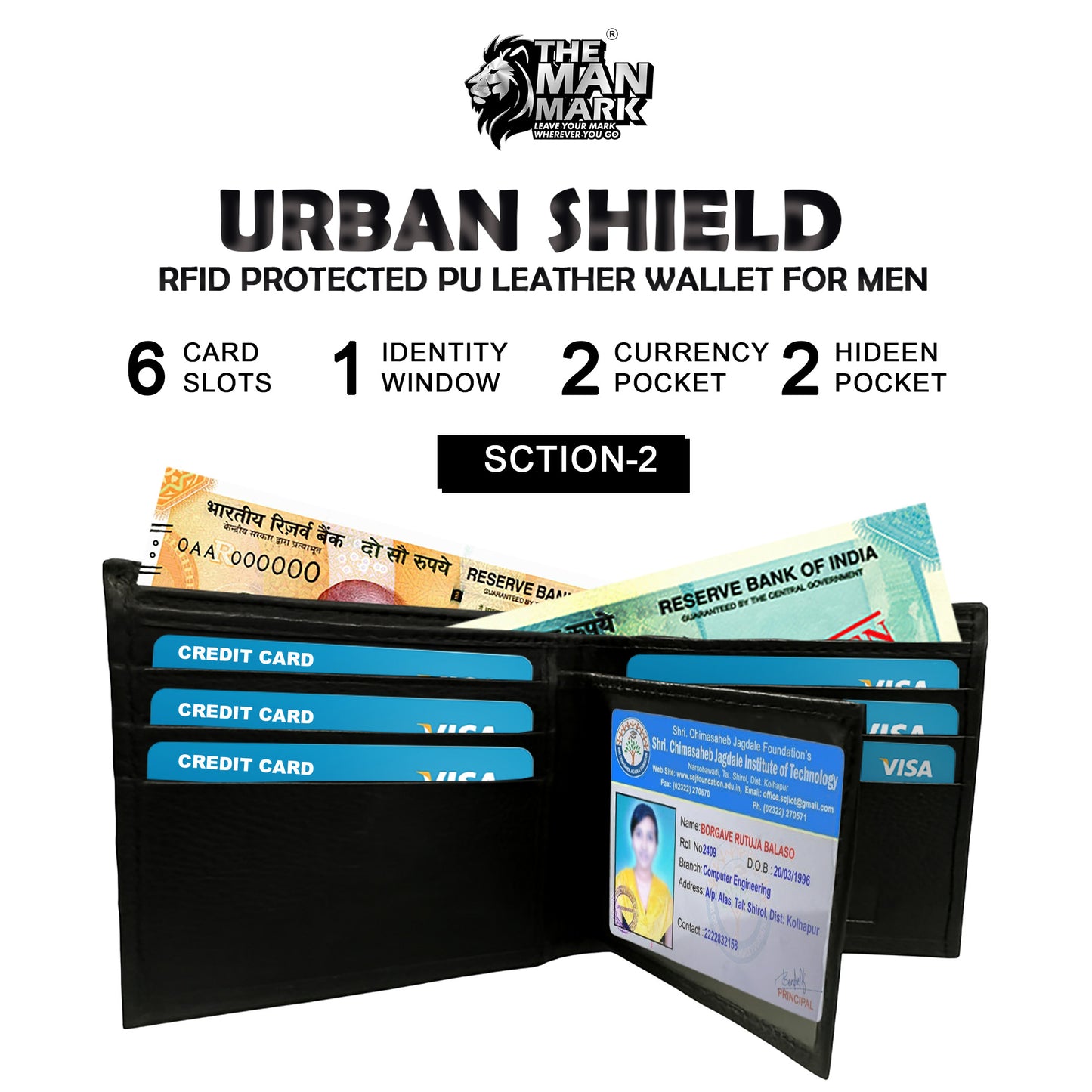 Urban Shield (Black) Pu Leather Wallet- 6 Card Slots, 2 Currency Pockets, 1 ID Window, RFID Protection - Perfect Gift for Birthday, Valentine's Day, Father's Day, Brother's Day, Anniversary, Rakhi, Diwali etc.