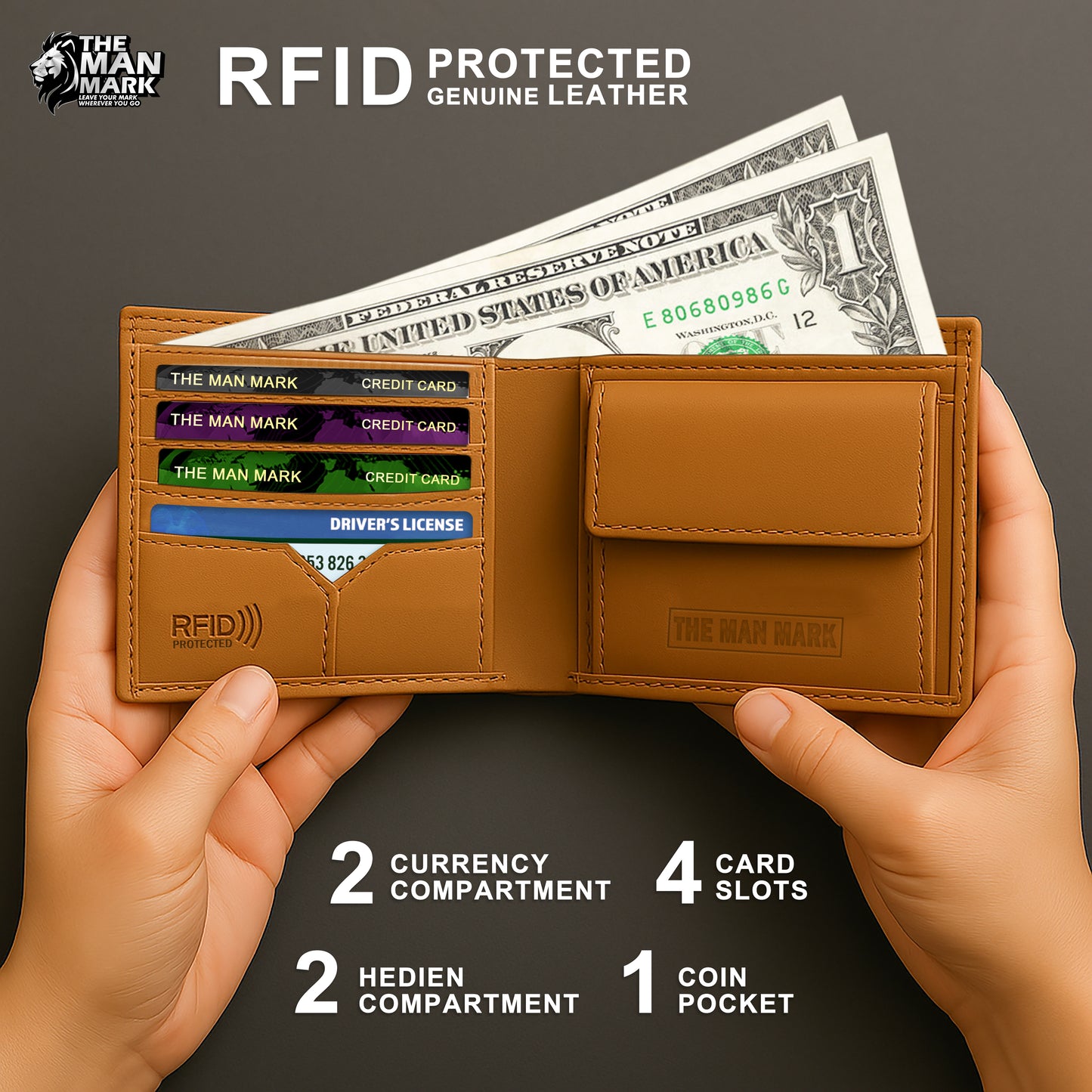 Golden Mustang Premium Leather Wallet - 4 Card Slots, 2 Currency Pockets, RFID Protection - Perfect Gift for Birthday, Valentine's Day, Father's Day, Brother's Day, Anniversary, Rakhi, Diwali etc