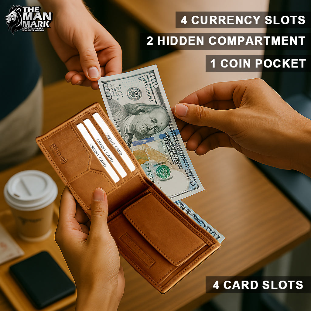 Golden Mustang Premium Leather Wallet - 4 Card Slots, 2 Currency Pockets, RFID Protection - Perfect Gift for Birthday, Valentine's Day, Father's Day, Brother's Day, Anniversary, Rakhi, Diwali etc
