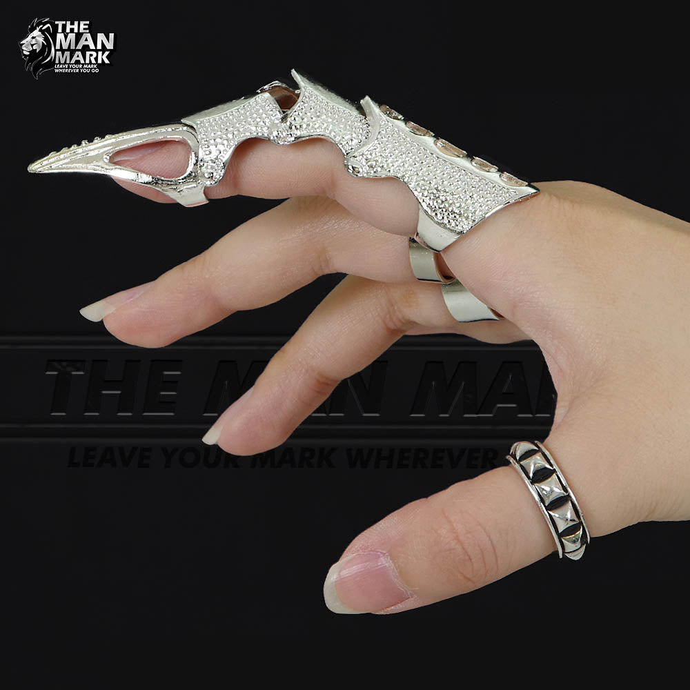 Full Finger Ring Rock Cool Boys Punk Cosplay Metal Full Finger Ring Scroll Joint Armor Knuckle Ring (Silver)