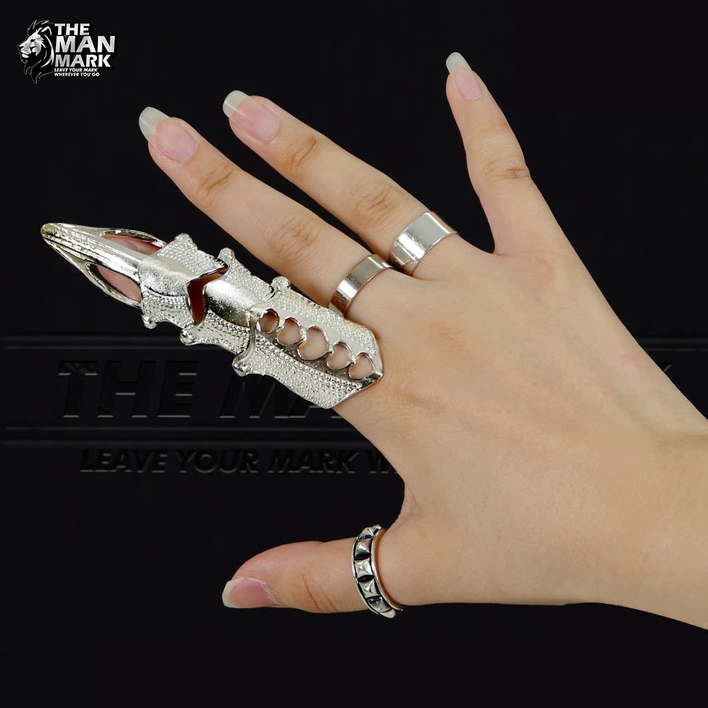 Full Finger Ring Rock Cool Boys Punk Cosplay Metal Full Finger Ring Scroll Joint Armor Knuckle Ring (Silver)