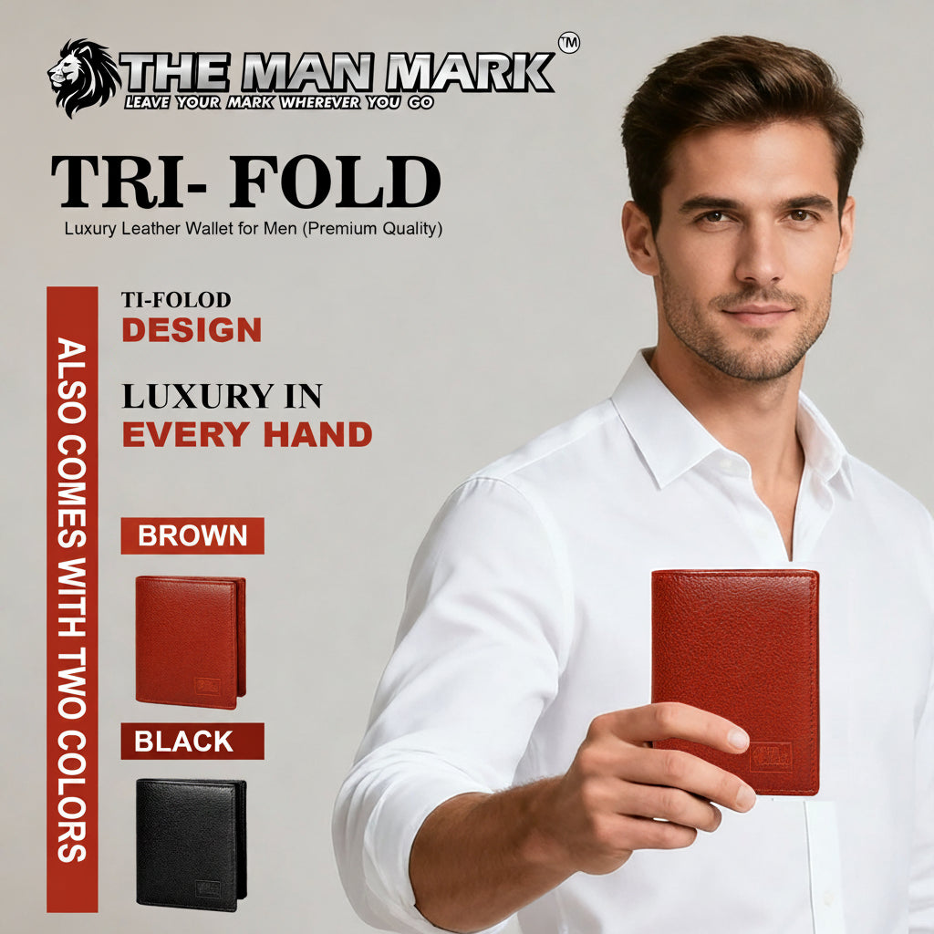 TRI - Fold (Black) Premium Leather Wallet for Men - 11 Card Slots, 2 Currency Pockets, 1 ID Window, RFID Protection - Perfect Gift for Birthday, Valentine's Day, Father's Day, Brother's Day, Anniversary, Rakhi, Diwali etc