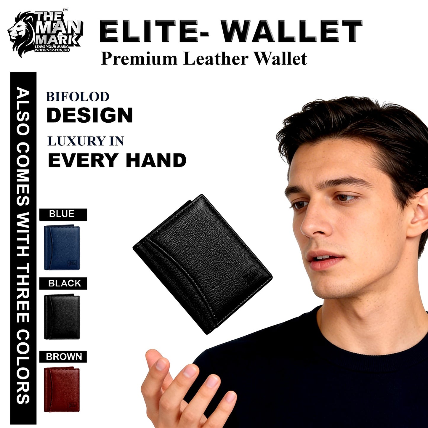 Elite (Black) Premium Leather Wallet - 8 Card Slots, 2 Currency Pockets, 2, ID Window, RFID Protection - Perfect Gift for Birthday, Valentine's Day, Father's Day, Brother's Day, Anniversary, Rakhi, Diwali etc