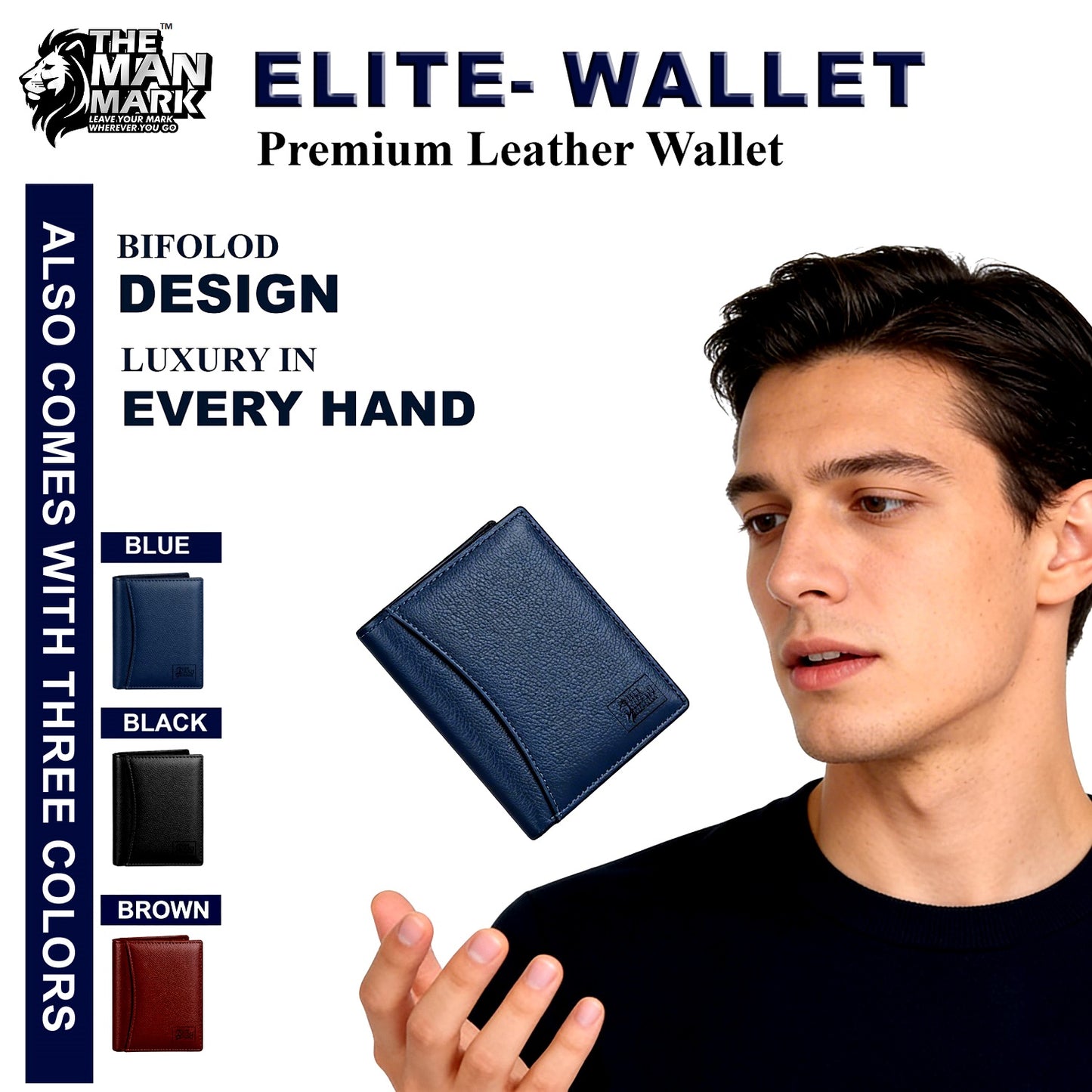 Elite (Blue) Premium Leather Wallet - 8 Card Slots, 2 Currency Pockets, 2, ID Window, RFID Protection - Perfect Gift for Birthday, Valentine's Day, Father's Day, Brother's Day, Anniversary, Rakhi, Diwali etc