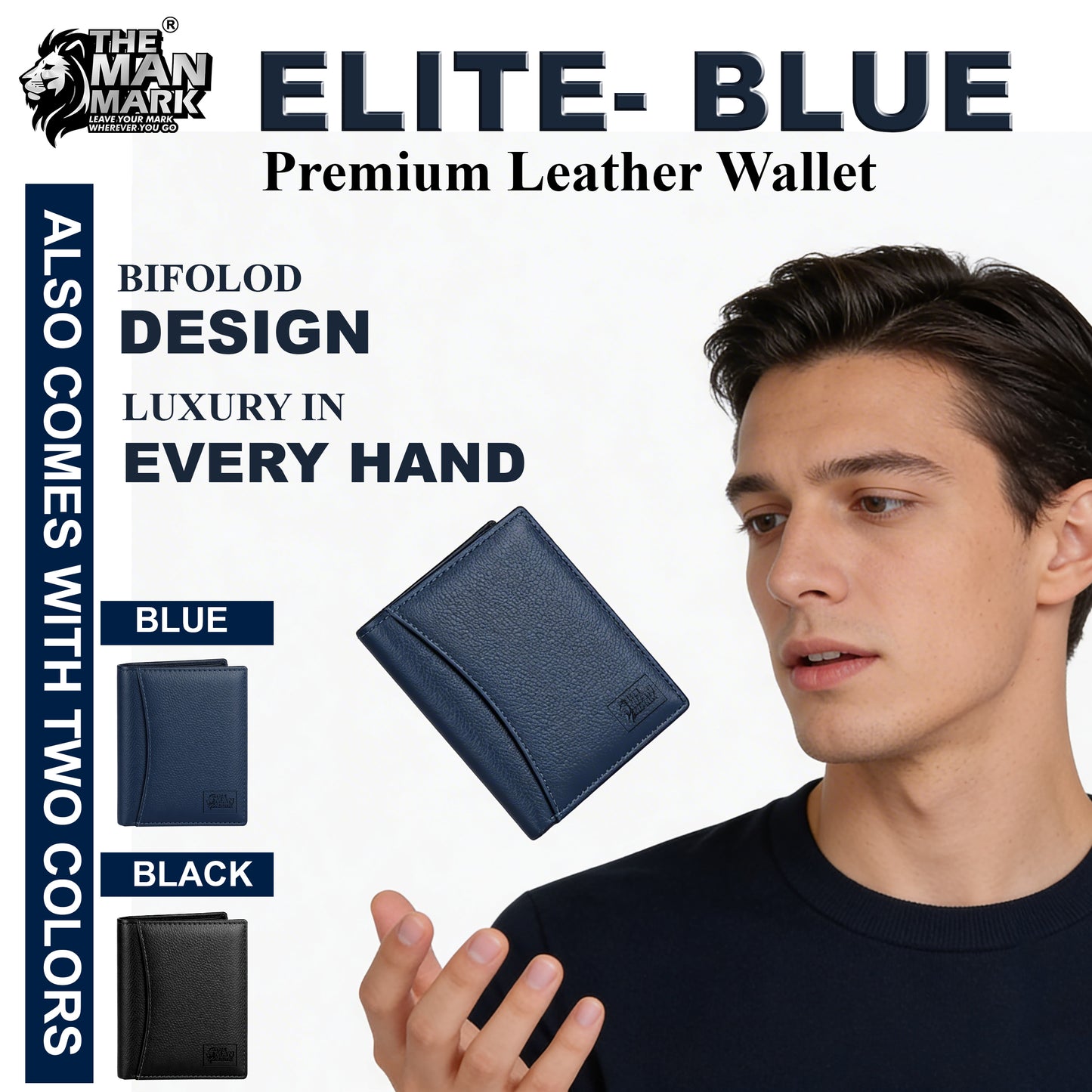 Elite (Blue) Premium Leather Wallet - 8 Card Slots, 2 Currency Pockets, 2, ID Window, RFID Protection - Perfect Gift for Birthday, Valentine's Day, Father's Day, Brother's Day, Anniversary, Rakhi, Diwali etc