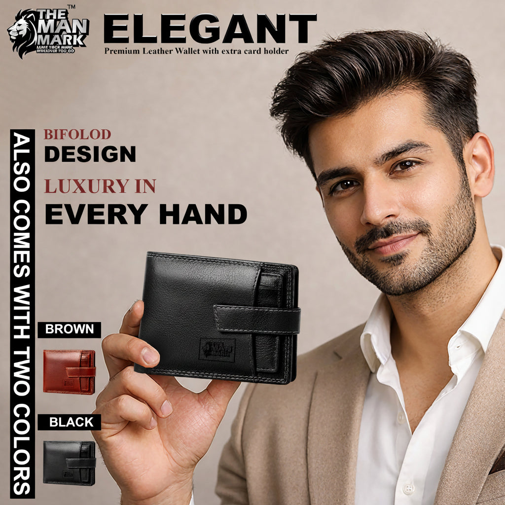Elegant (Black) with Extra card Holder Premium Leather Wallet - 5 Card Slots, 2 Currency Pockets, 2, ID Window, RFID Protection - Perfect Gift for Birthday, Valentine's Day, Father's Day, Brother's Day, Anniversary, Rakhi, Diwali etc