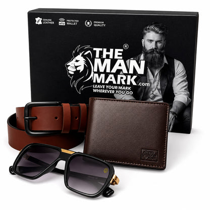 Executive Mark Wallet, Alpha Vision Gold Sunglasses & Elite Office Brown Belt – Premium Gift Combo for Men