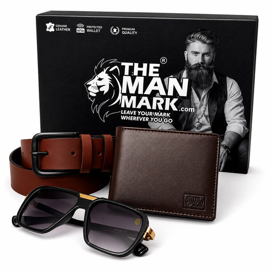 Executive Mark Wallet, Alpha Vision Gold Sunglasses & Elite Office Brown Belt – Premium Gift Combo for Men