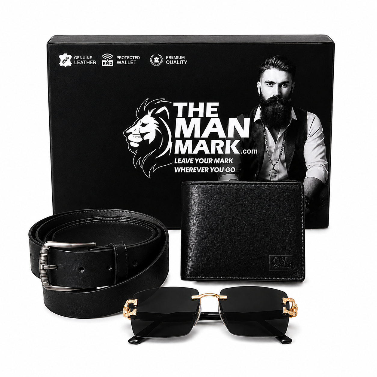 Black Sentinel Wallet, Alpha Rider Black Sunglasses & Professional Edge Black Belt – Premium Gift Combo for Men
