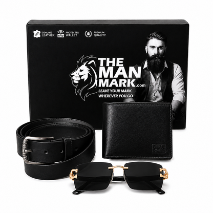Black Sentinel Wallet, Alpha Rider Black Sunglasses & Professional Edge Black Belt – Premium Gift Combo for Men