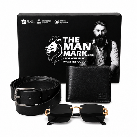 Black Sentinel Wallet, Alpha Rider Black Sunglasses & Professional Edge Black Belt – Premium Gift Combo for Men