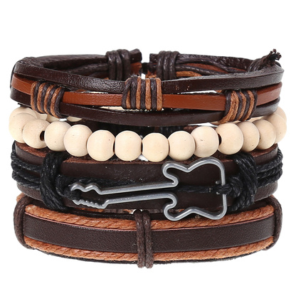 Men'S Leather Bracelet Punk Guitar Accessories Wholesale Trade Vintage Hand-Woven Beads Bracelet Bracelet