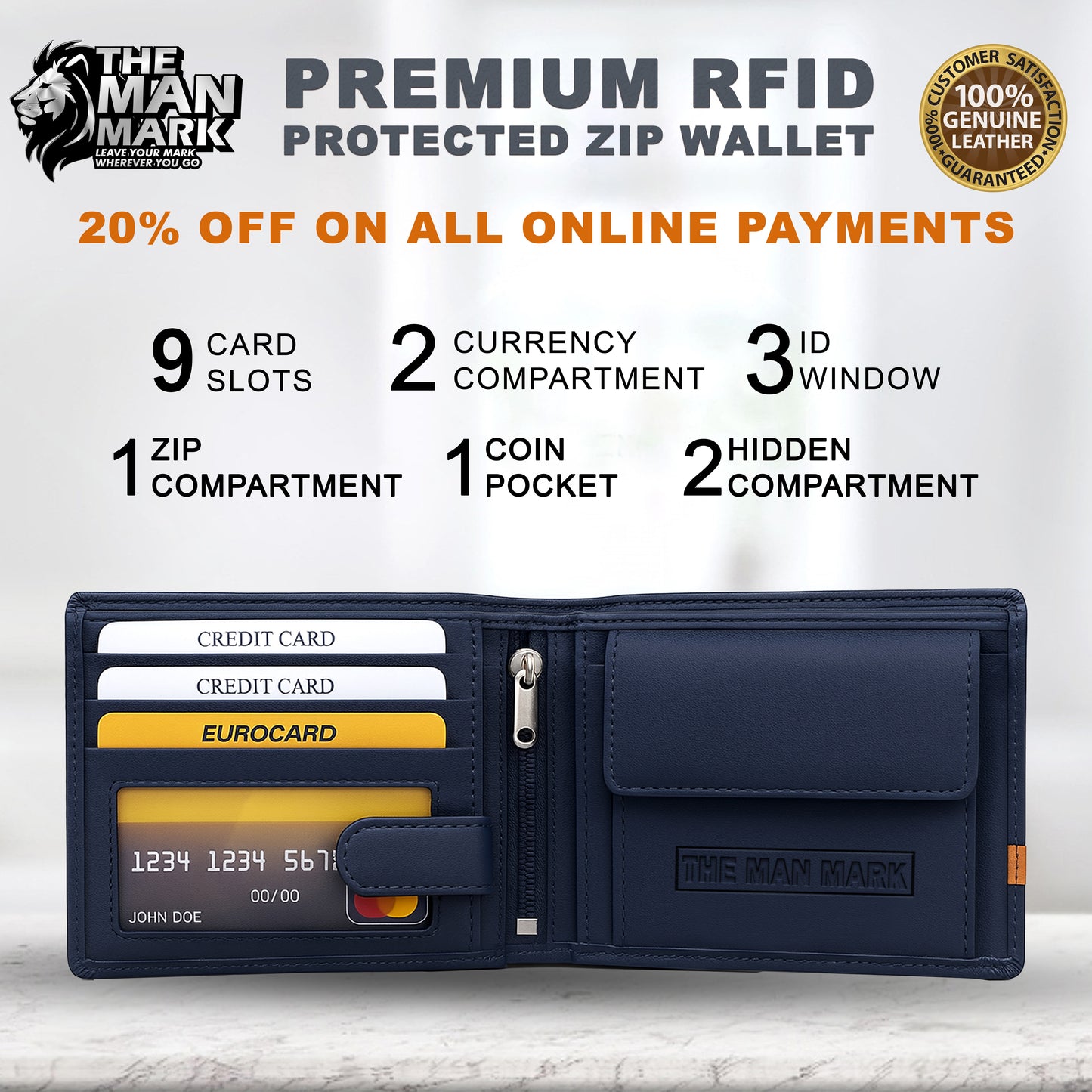 Alpha Edge Men's Premium Leather Wallet - 9 Card Slots, 2 Currency Pockets, RFID Protection - Perfect Gift for Birthday, Valentine's Day, Father's Day, Brother's Day, Anniversary, Rakhi, Diwali etc