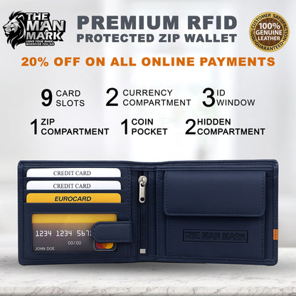 Alpha Edge Men's Premium Leather Wallet - 9 Card Slots, 2 Currency Pockets, RFID Protection - Perfect Gift for Birthday, Valentine's Day, Father's Day, Brother's Day, Anniversary, Rakhi, Diwali etc