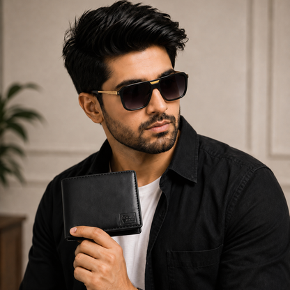 Black Executive Mark Wallet, Alpha Vision SI Sunglasses & Elite Office Black Belt – Premium Gift Combo for Men