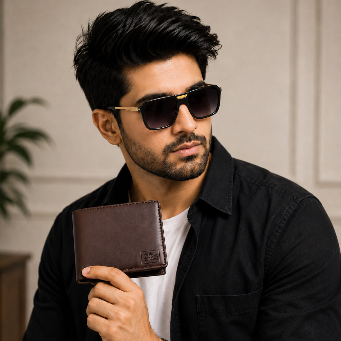 Executive Mark Wallet, Alpha Vision Gold Sunglasses & Elite Office Brown Belt – Premium Gift Combo for Men