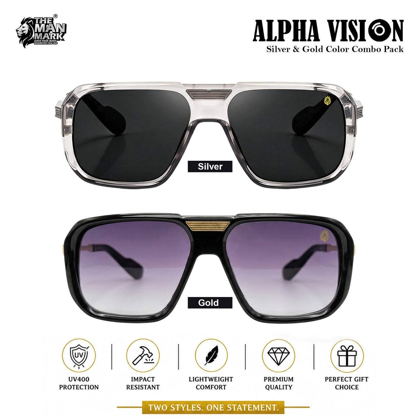 Alpha Vision Sunglasses for Men – Silver & Gold Color Combo Pack | UV400 Protection | Premium Square Frame | Stylish & Lightweight Eyewear