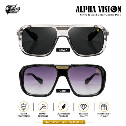 Alpha Vision Sunglasses for Men – Silver & Gold Color Combo Pack | UV400 Protection | Premium Square Frame | Stylish & Lightweight Eyewear