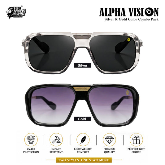 Alpha Vision Sunglasses for Men – Silver & Gold Color Combo Pack | UV400 Protection | Premium Square Frame | Stylish & Lightweight Eyewear