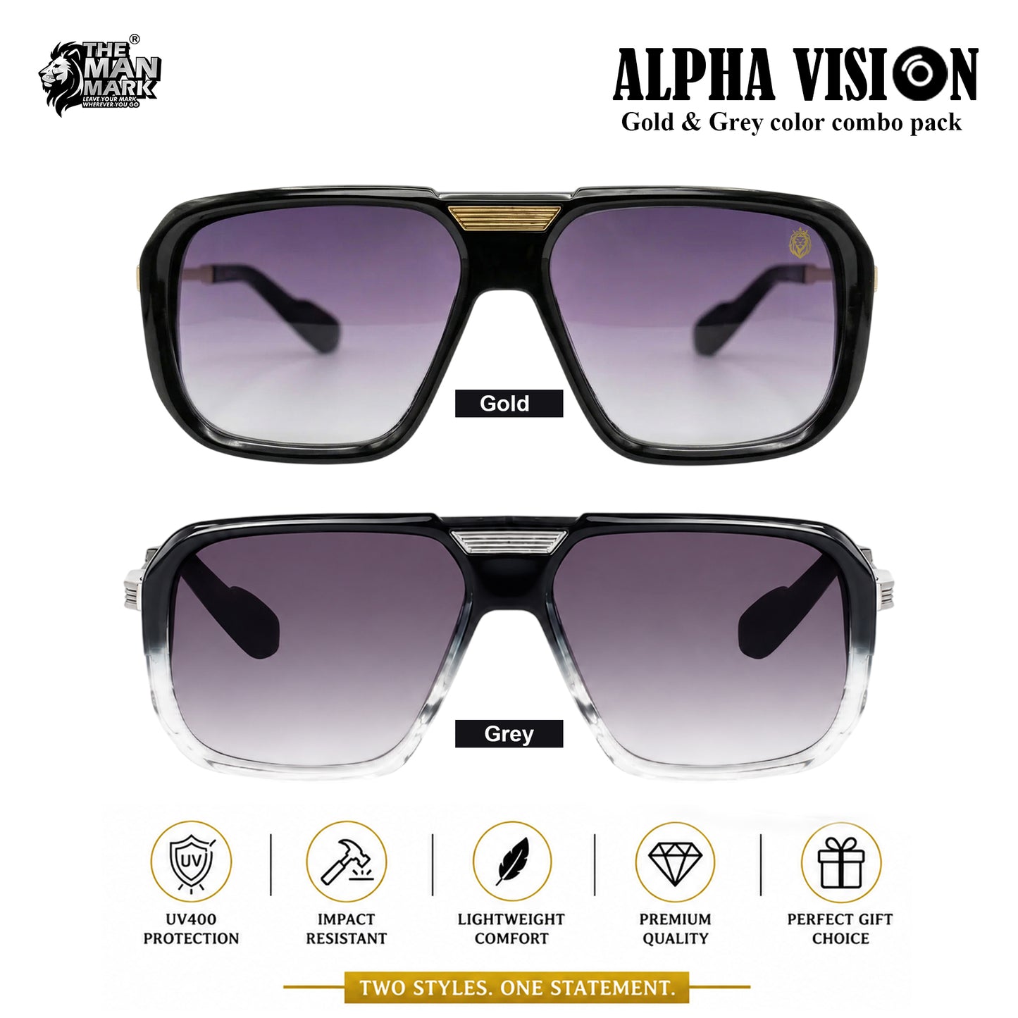 Alpha Vision Sunglasses for Men – Gold & Grey Color Combo Pack | UV400 Protection | Premium Square Frame | Lightweight Stylish Eyewear