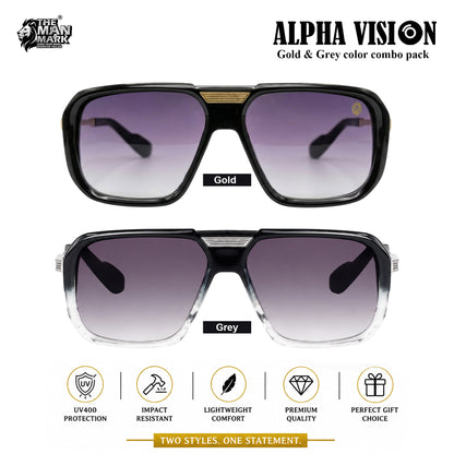 Alpha Vision Sunglasses for Men – Gold & Grey Color Combo Pack | UV400 Protection | Premium Square Frame | Lightweight Stylish Eyewear