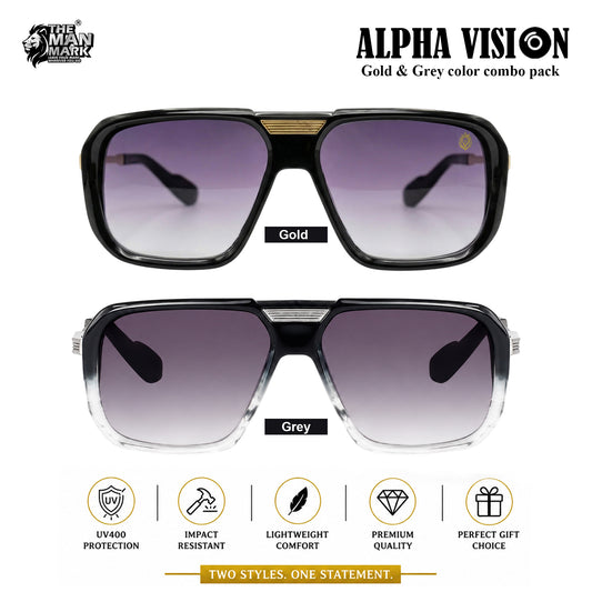 Alpha Vision Sunglasses for Men – Gold & Grey Color Combo Pack | UV400 Protection | Premium Square Frame | Lightweight Stylish Eyewear