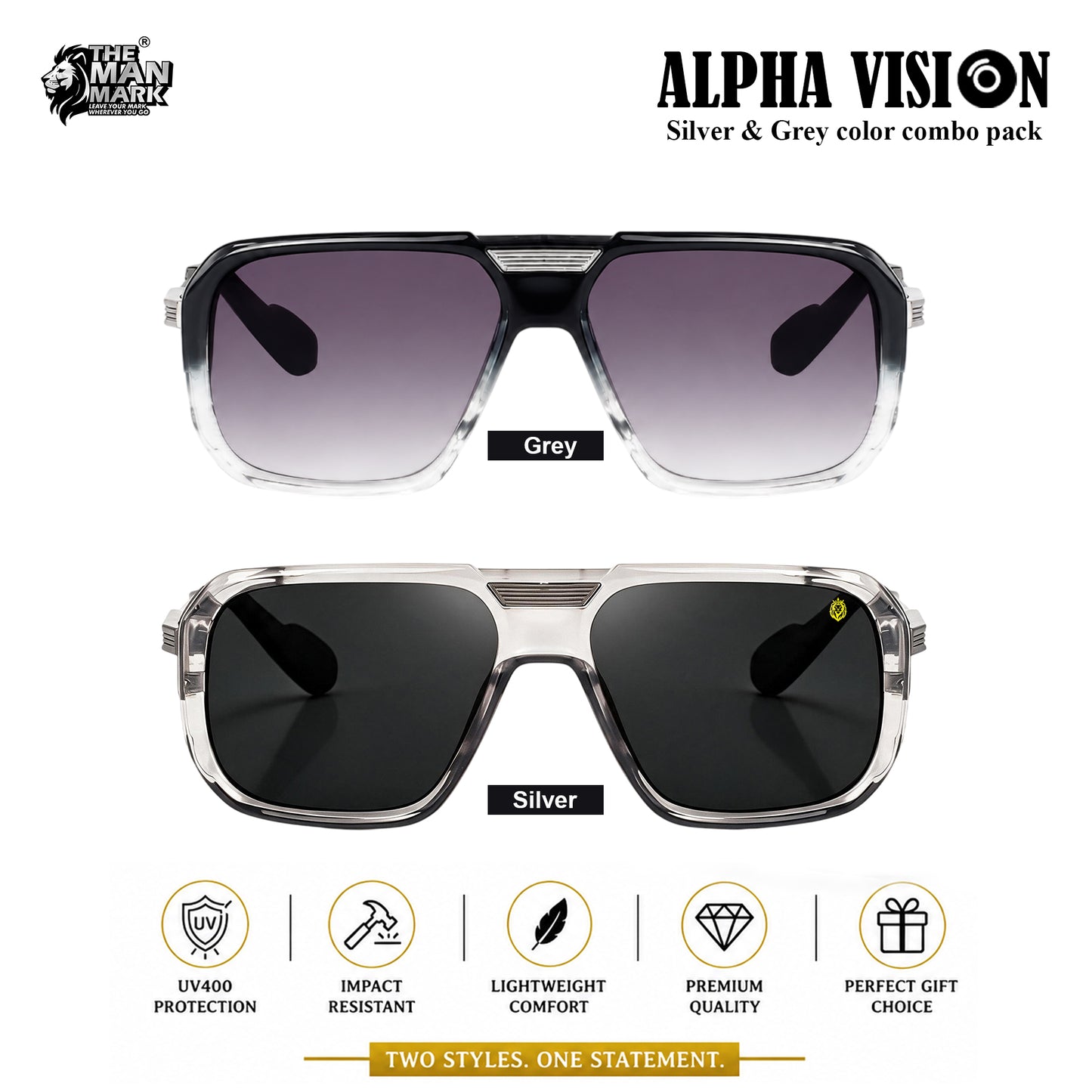 Alpha Vision Sunglasses for Men – Silver & Grey Color Combo Pack | UV400 Protection | Premium Square Frame | Lightweight Stylish Eyewear