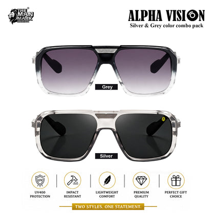 Alpha Vision Sunglasses for Men – Silver & Grey Color Combo Pack | UV400 Protection | Premium Square Frame | Lightweight Stylish Eyewear