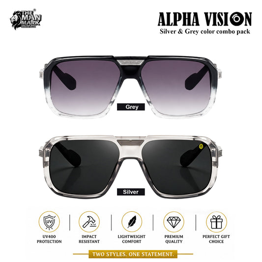 Alpha Vision Sunglasses for Men – Silver & Grey Color Combo Pack | UV400 Protection | Premium Square Frame | Lightweight Stylish Eyewear