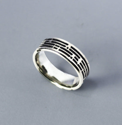 Stainless steel ring, with black enamel, silver