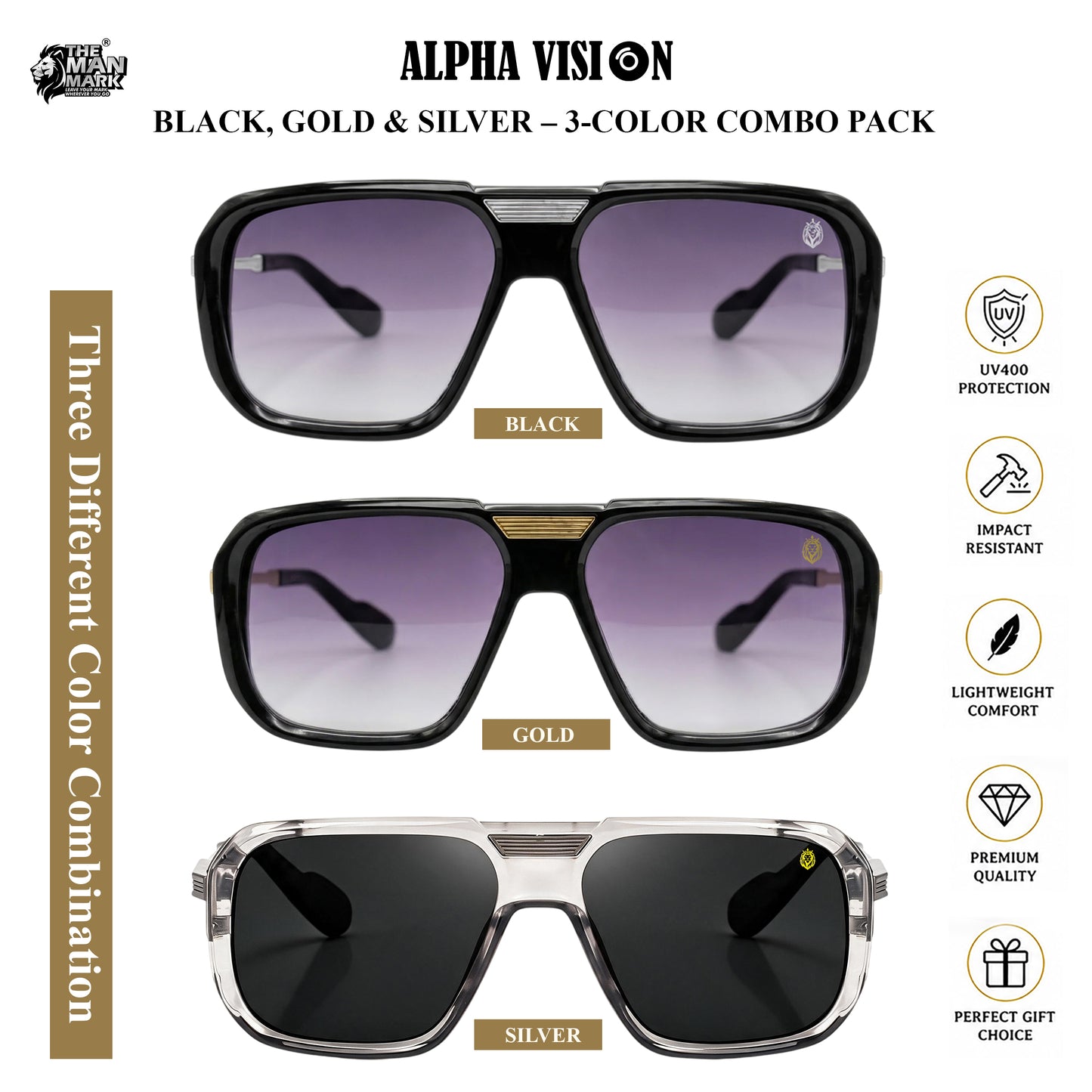 Alpha Vision Sunglasses for Men – Black, Gold & Silver 3-Color Combo Pack | UV400 Protection | Premium Square Frame | Lightweight Stylish Eyewear