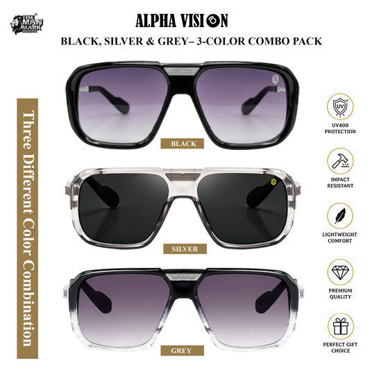 Alpha Vision Men’s Sunglasses – Black, Silver & Grey 3-Color Combo Pack | UV400 Protection, Impact Resistant, Lightweight & Premium Stylish Sunglasses
