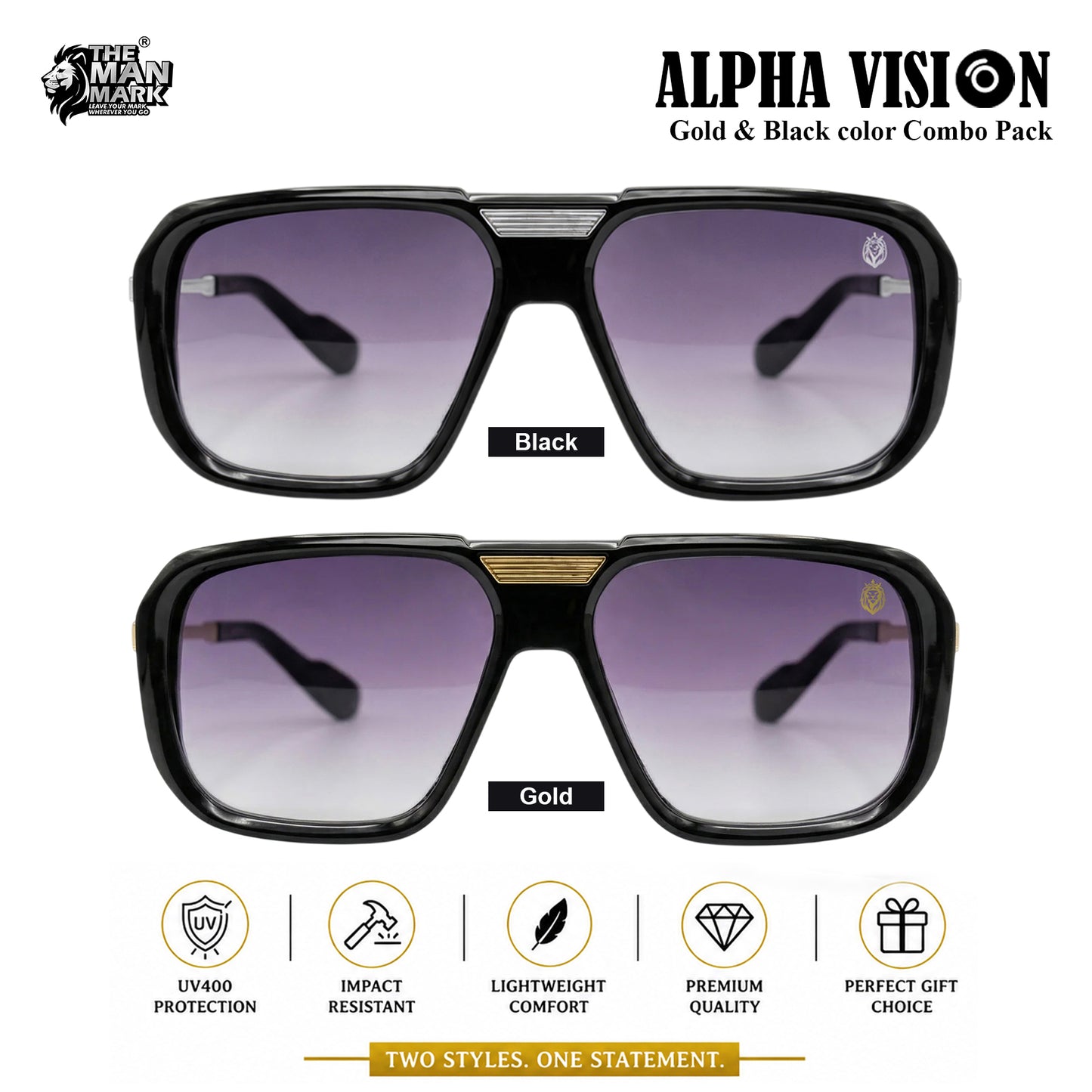 Alpha Vision Sunglasses for Men, Gold & Black Combo Pack | UV400 Protection | Lightweight & Comfortable | Premium Stylish Square Frame | 2 Pair Combo
