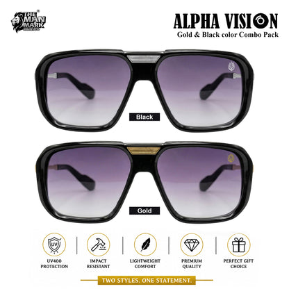 Alpha Vision Sunglasses for Men, Gold & Black Combo Pack | UV400 Protection | Lightweight & Comfortable | Premium Stylish Square Frame | 2 Pair Combo