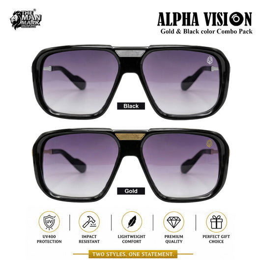 Alpha Vision Sunglasses for Men, Gold & Black Combo Pack | UV400 Protection | Lightweight & Comfortable | Premium Stylish Square Frame | 2 Pair Combo