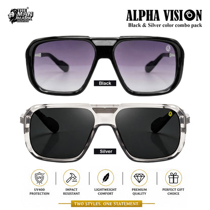 Alpha Vision Sunglasses for Men, Black & Silver Combo Pack | UV400 Protection | Impact Resistant | Lightweight & Comfortable | Premium Square Frame | 2 Pair Combo