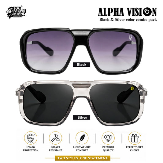 Alpha Vision Sunglasses for Men, Black & Silver Combo Pack | UV400 Protection | Impact Resistant | Lightweight & Comfortable | Premium Square Frame | 2 Pair Combo