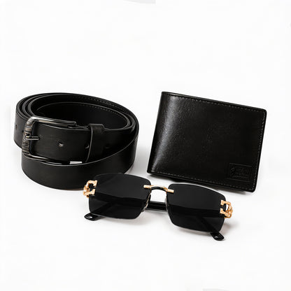 Black Sentinel Wallet, Alpha Rider Black Sunglasses & Professional Edge Black Belt – Premium Gift Combo for Men