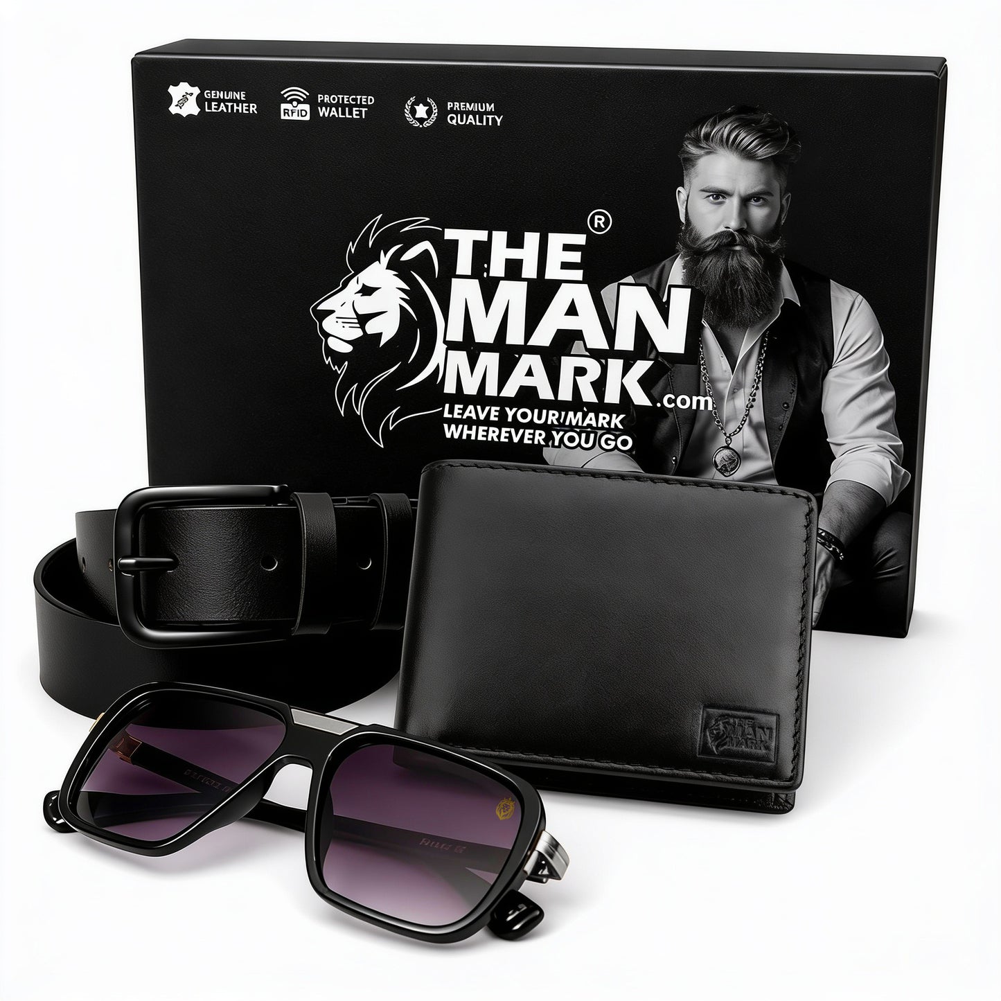 Black Executive Mark Wallet, Alpha Vision SI Sunglasses & Elite Office Black Belt – Premium Gift Combo for Men