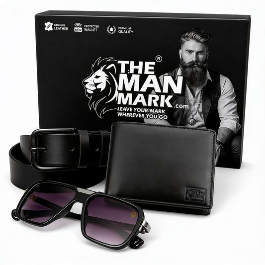 Black Executive Mark Wallet, Alpha Vision SI Sunglasses & Elite Office Black Belt – Premium Gift Combo for Men