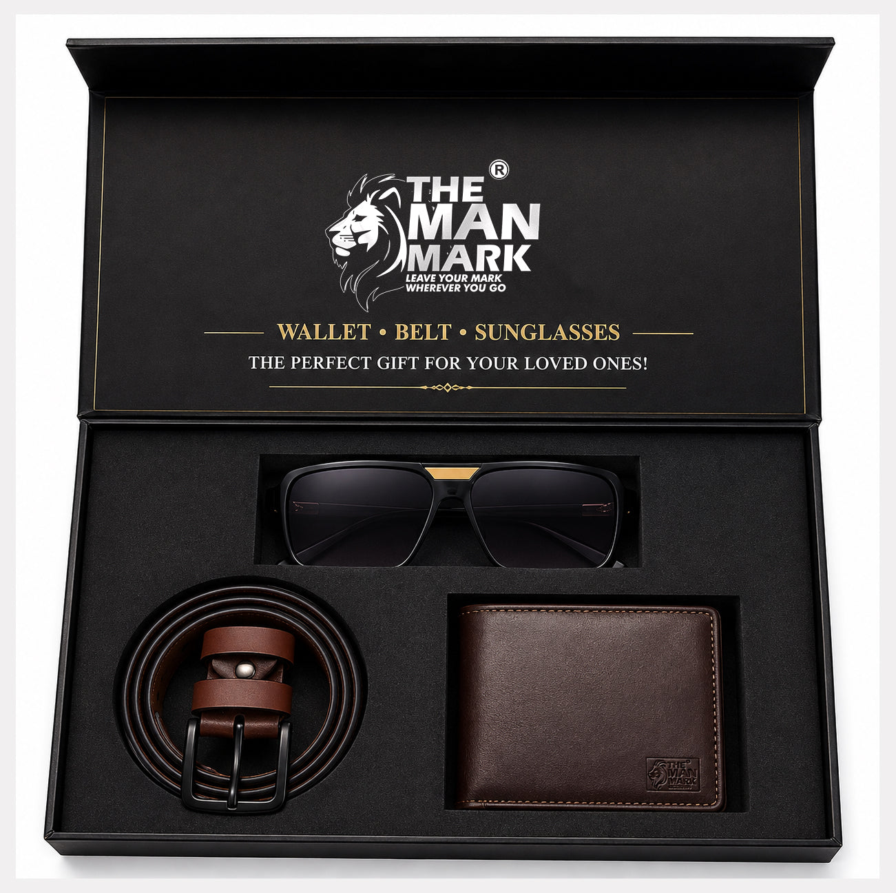 Executive Mark Wallet, Alpha Vision Gold Sunglasses & Elite Office Brown Belt – Premium Gift Combo for Men