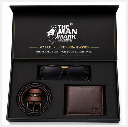Executive Mark Wallet, Alpha Vision Gold Sunglasses & Elite Office Brown Belt – Premium Gift Combo for Men