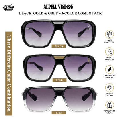 Alpha Vision Men’s Sunglasses – Black, Gold & Grey 3-Color Combo Pack | UV400 Protection, Impact Resistant, Lightweight & Premium Stylish Sunglasses