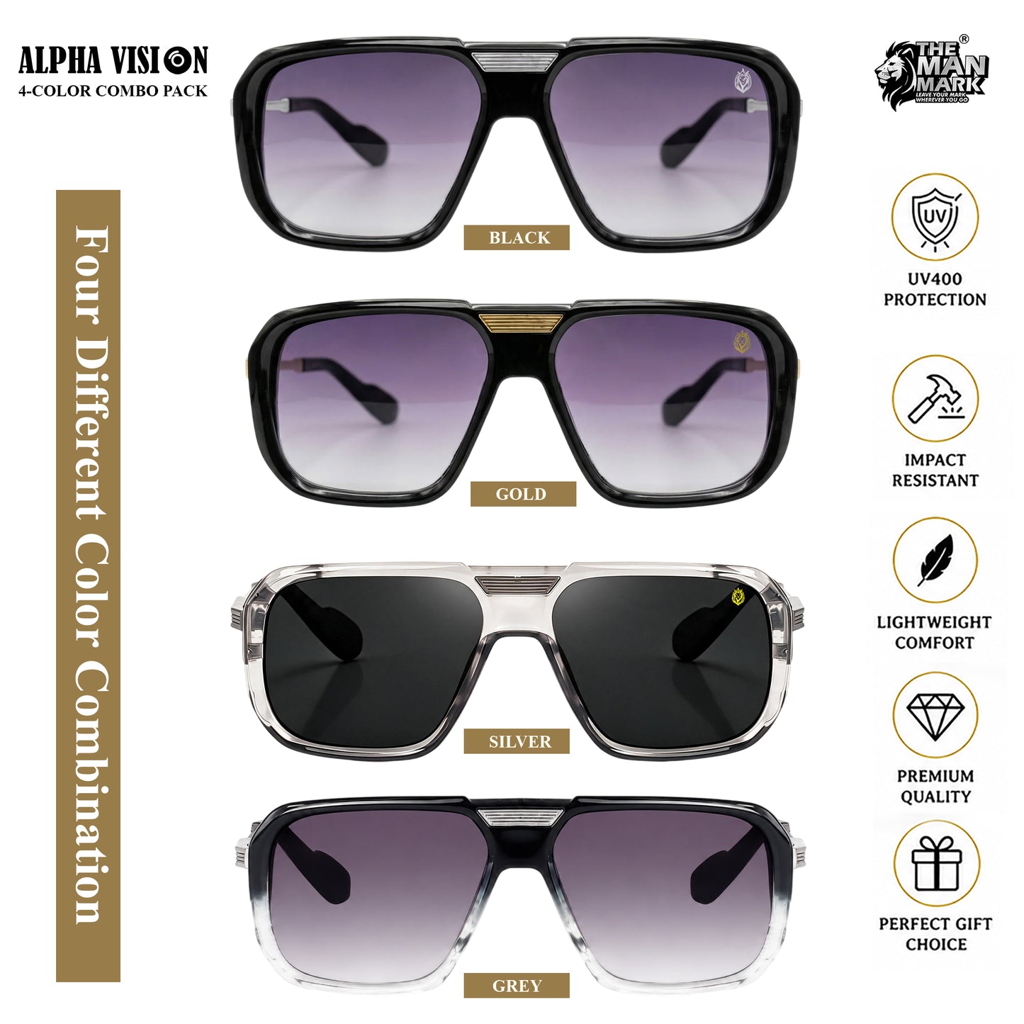 Alpha Vision Men’s Sunglasses – 4-Color Combo Pack (Black, Gold, Silver & Grey) | UV400 Protection, Impact Resistant, Lightweight & Premium Stylish Sunglasses