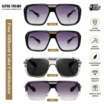 Alpha Vision Men’s Sunglasses – 4-Color Combo Pack (Black, Gold, Silver & Grey) | UV400 Protection, Impact Resistant, Lightweight & Premium Stylish Sunglasses
