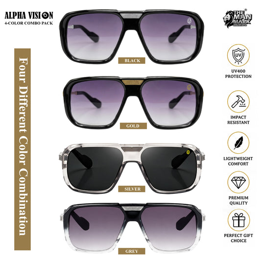 Alpha Vision Men’s Sunglasses – 4-Color Combo Pack (Black, Gold, Silver & Grey) | UV400 Protection, Impact Resistant, Lightweight & Premium Stylish Sunglasses