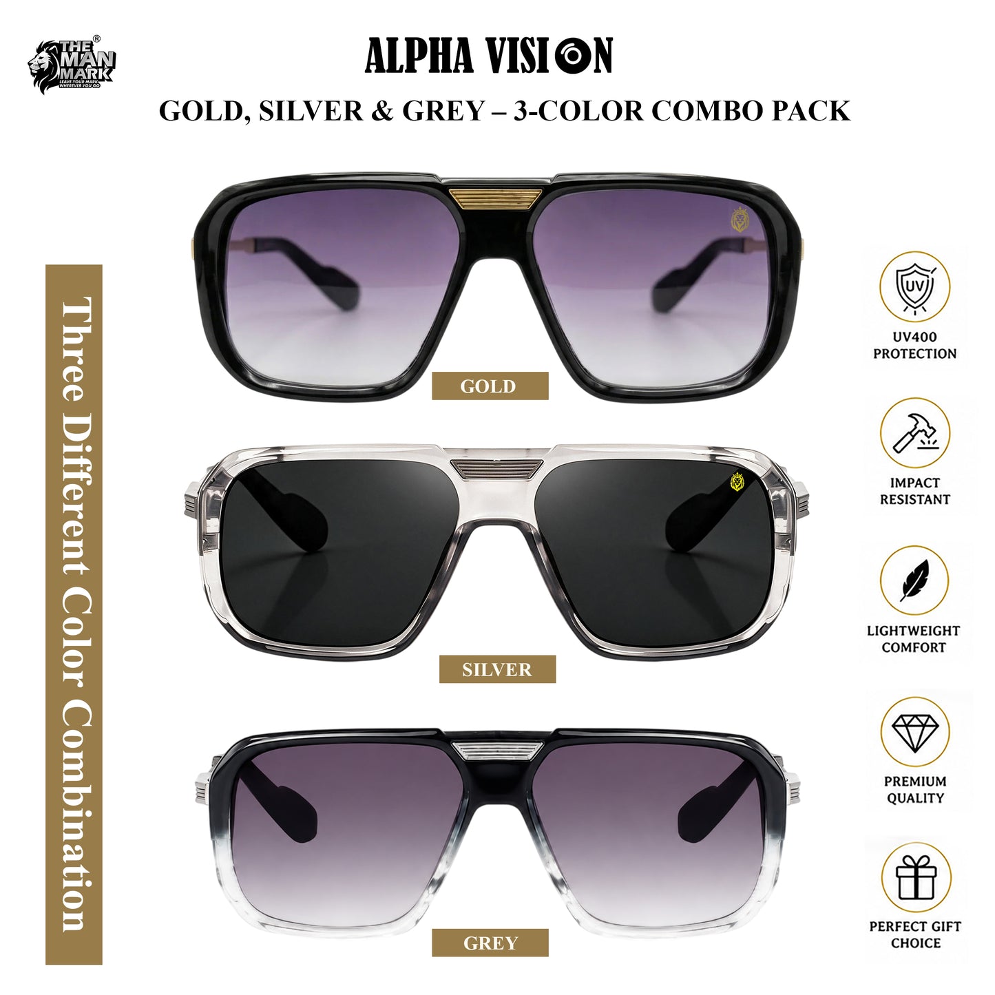 Alpha Vision Men’s Sunglasses – Gold, Silver & Grey 3-Color Combo Pack | UV400 Protection, Impact Resistant, Lightweight & Premium Stylish Sunglasses