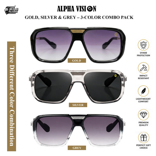 Alpha Vision Men’s Sunglasses – Gold, Silver & Grey 3-Color Combo Pack | UV400 Protection, Impact Resistant, Lightweight & Premium Stylish Sunglasses