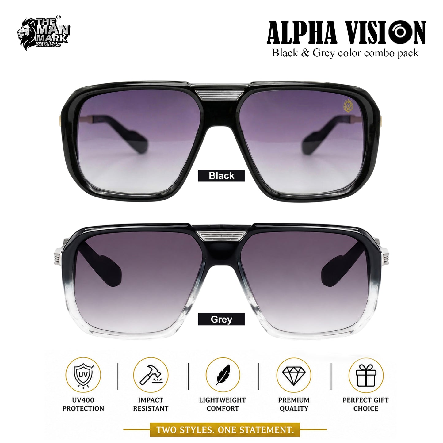 Alpha Vision Sunglasses for Men, Black & Grey Combo Pack | UV400 Protection | Impact Resistant | Lightweight & Comfortable | Premium Square Frame | 2 Pair Combo
