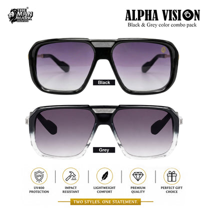 Alpha Vision Sunglasses for Men, Black & Grey Combo Pack | UV400 Protection | Impact Resistant | Lightweight & Comfortable | Premium Square Frame | 2 Pair Combo